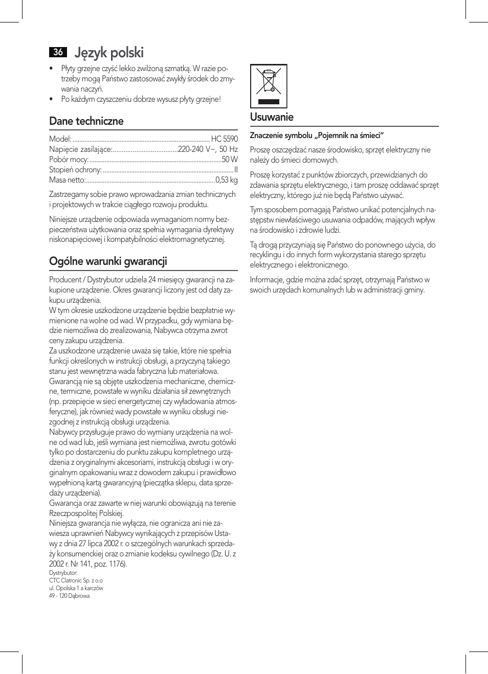 Język polski, Dane techniczne, Ogólne warunki gwarancji | Usuwanie | AEG HC 5590 User Manual | Page 36 / 50