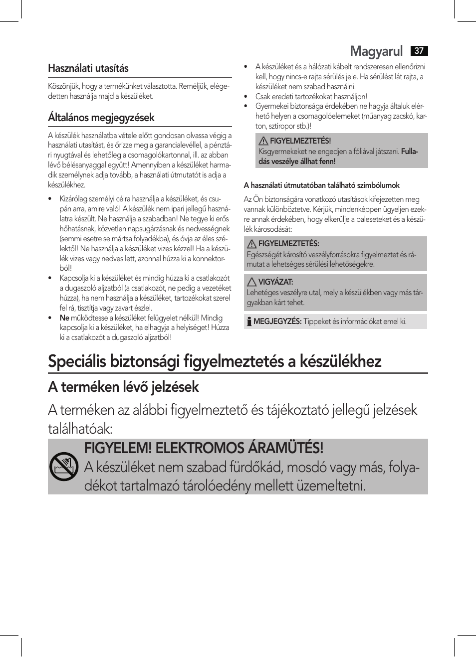 Speciális biztonsági figyelmeztetés a készülékhez, Magyarul | AEG HC 5590 User Manual | Page 37 / 50