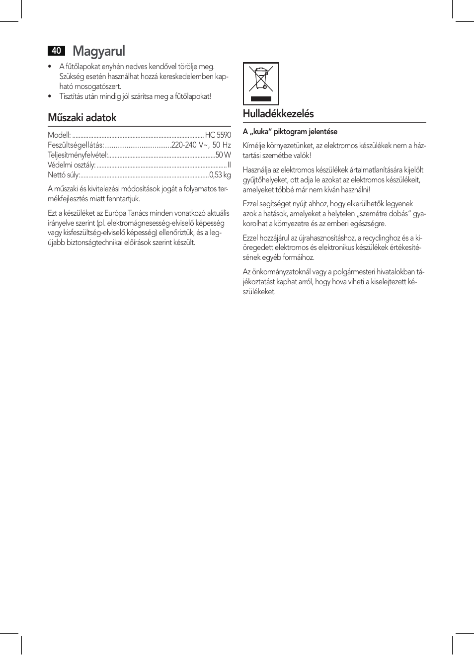 Magyarul | AEG HC 5590 User Manual | Page 40 / 50