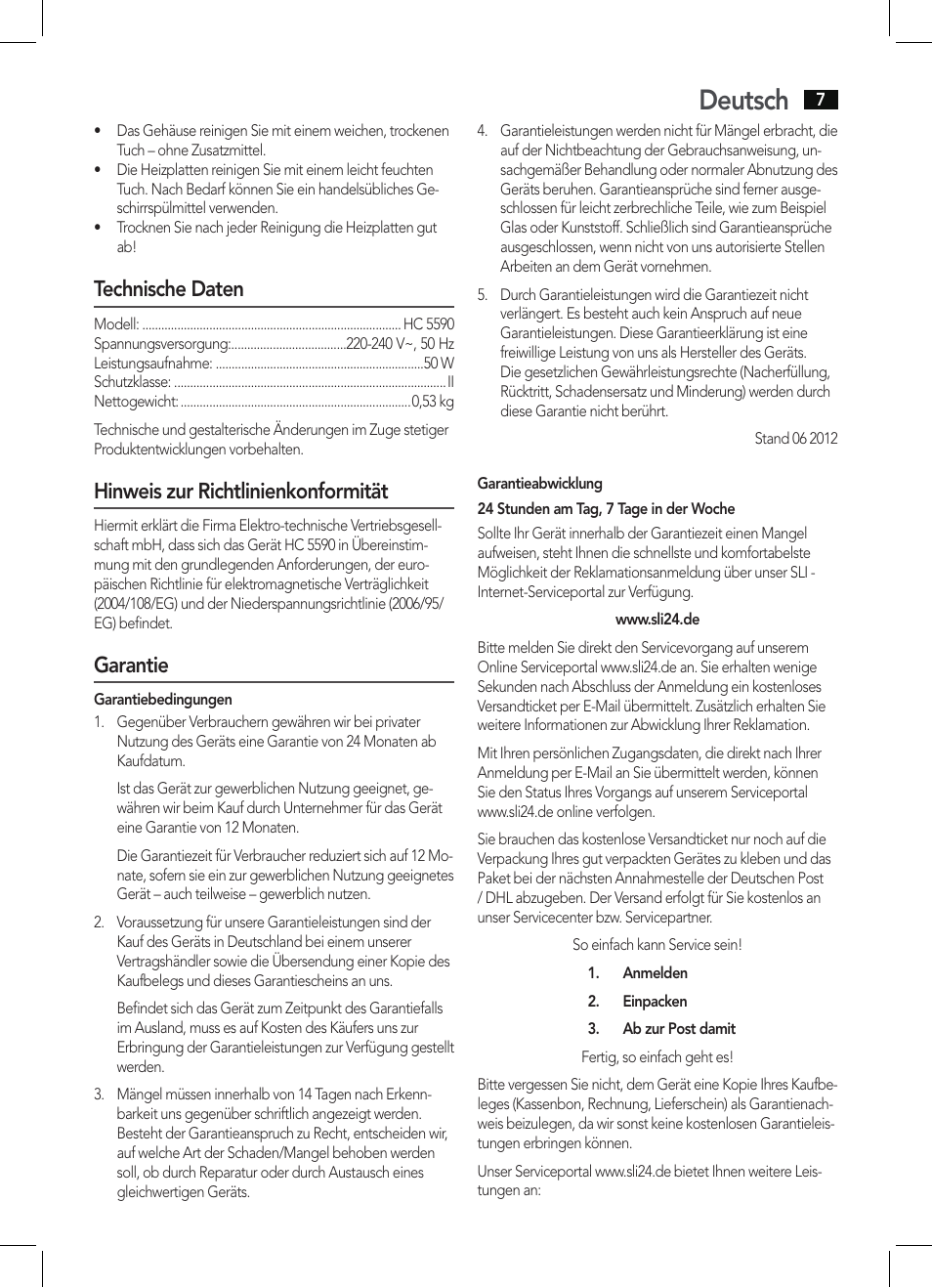 Deutsch, Technische daten, Hinweis zur richtlinienkonformität | Garantie | AEG HC 5590 User Manual | Page 7 / 50