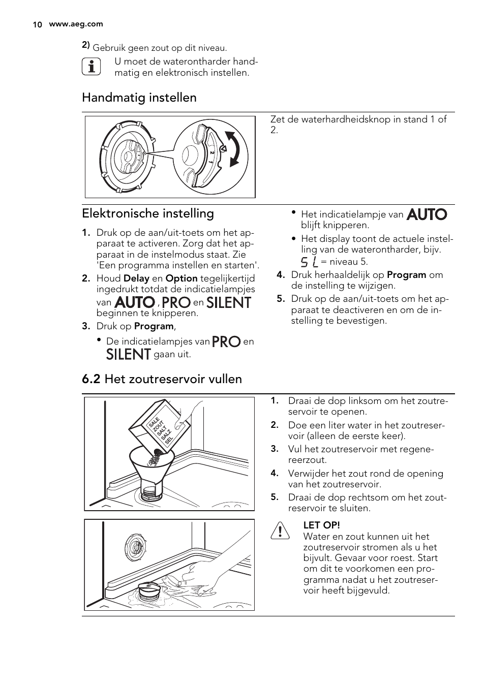 Handmatig instellen, Elektronische instelling, 2 het zoutreservoir vullen | AEG F68452IM0P User Manual | Page 10 / 68