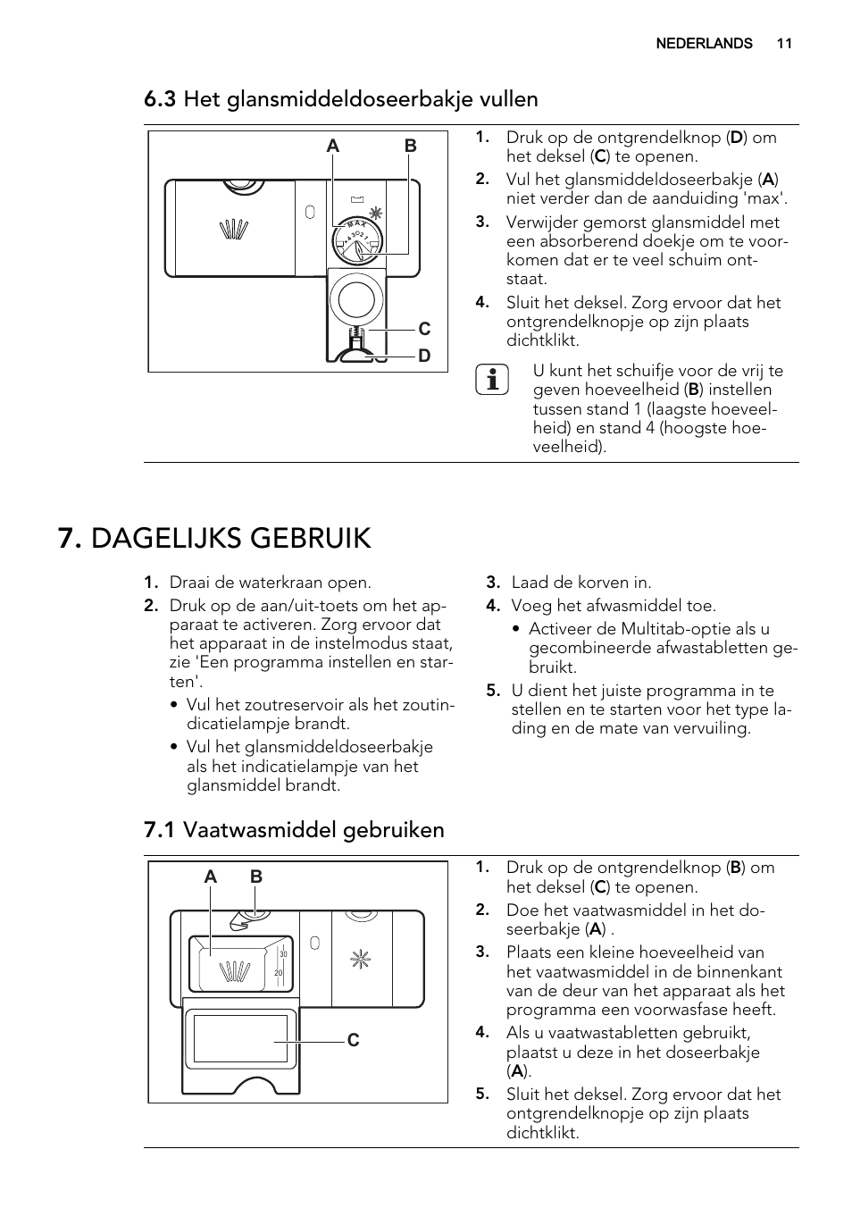 Dagelijks gebruik, 3 het glansmiddeldoseerbakje vullen, 1 vaatwasmiddel gebruiken | Ab d c, Ab c | AEG F68452IM0P User Manual | Page 11 / 68