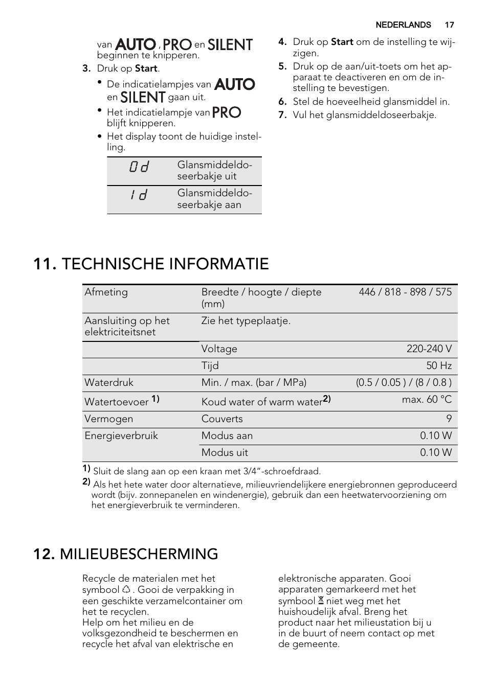 Technische informatie, Milieubescherming | AEG F68452IM0P User Manual | Page 17 / 68