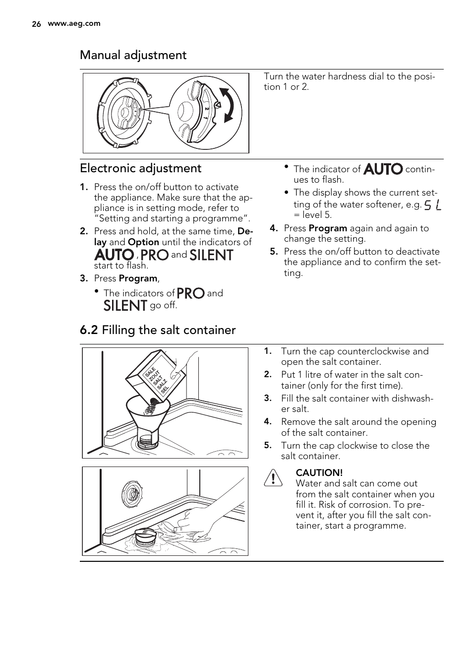 Manual adjustment, Electronic adjustment, 2 filling the salt container | AEG F68452IM0P User Manual | Page 26 / 68