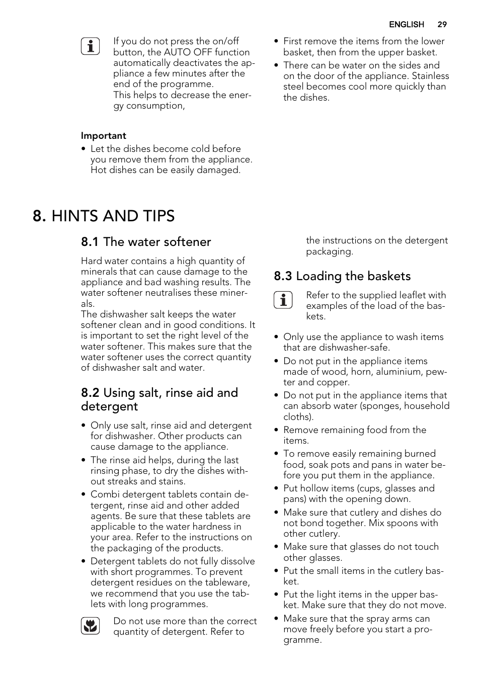 Hints and tips, 1 the water softener, 2 using salt, rinse aid and detergent | 3 loading the baskets | AEG F68452IM0P User Manual | Page 29 / 68