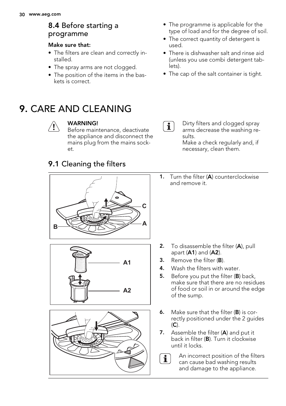 Care and cleaning, 4 before starting a programme, 1 cleaning the filters | AEG F68452IM0P User Manual | Page 30 / 68