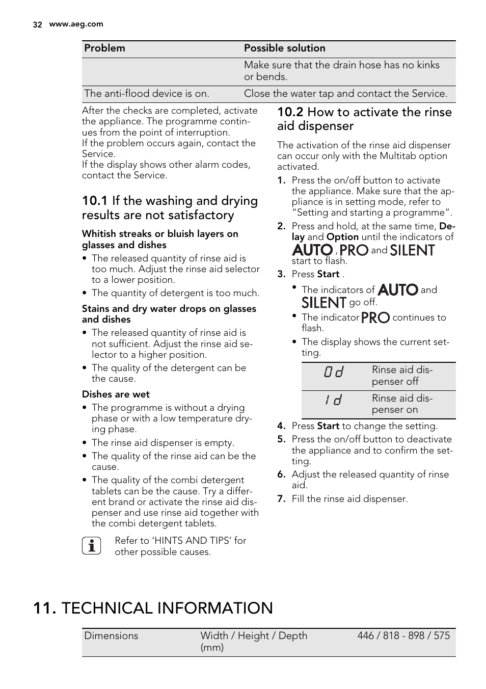 Technical information, 2 how to activate the rinse aid dispenser | AEG F68452IM0P User Manual | Page 32 / 68