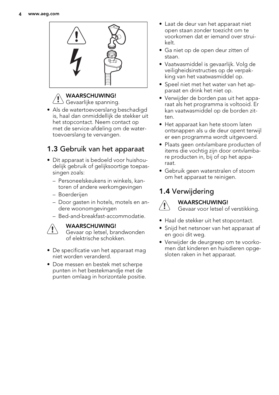 3 gebruik van het apparaat, 4 verwijdering | AEG F68452IM0P User Manual | Page 4 / 68