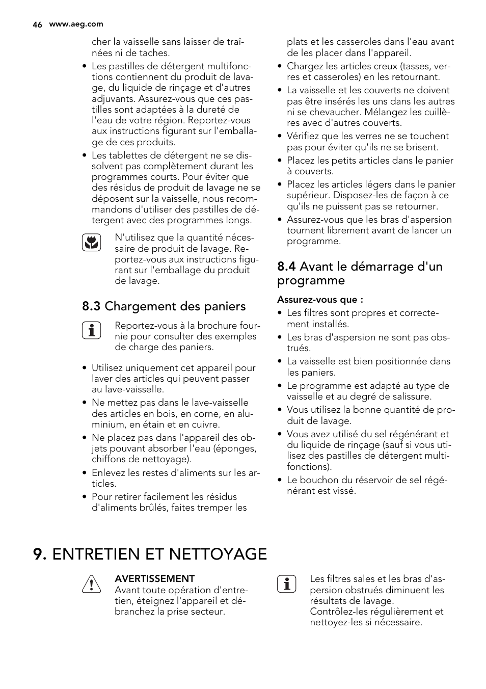 Entretien et nettoyage, 3 chargement des paniers, 4 avant le démarrage d'un programme | AEG F68452IM0P User Manual | Page 46 / 68