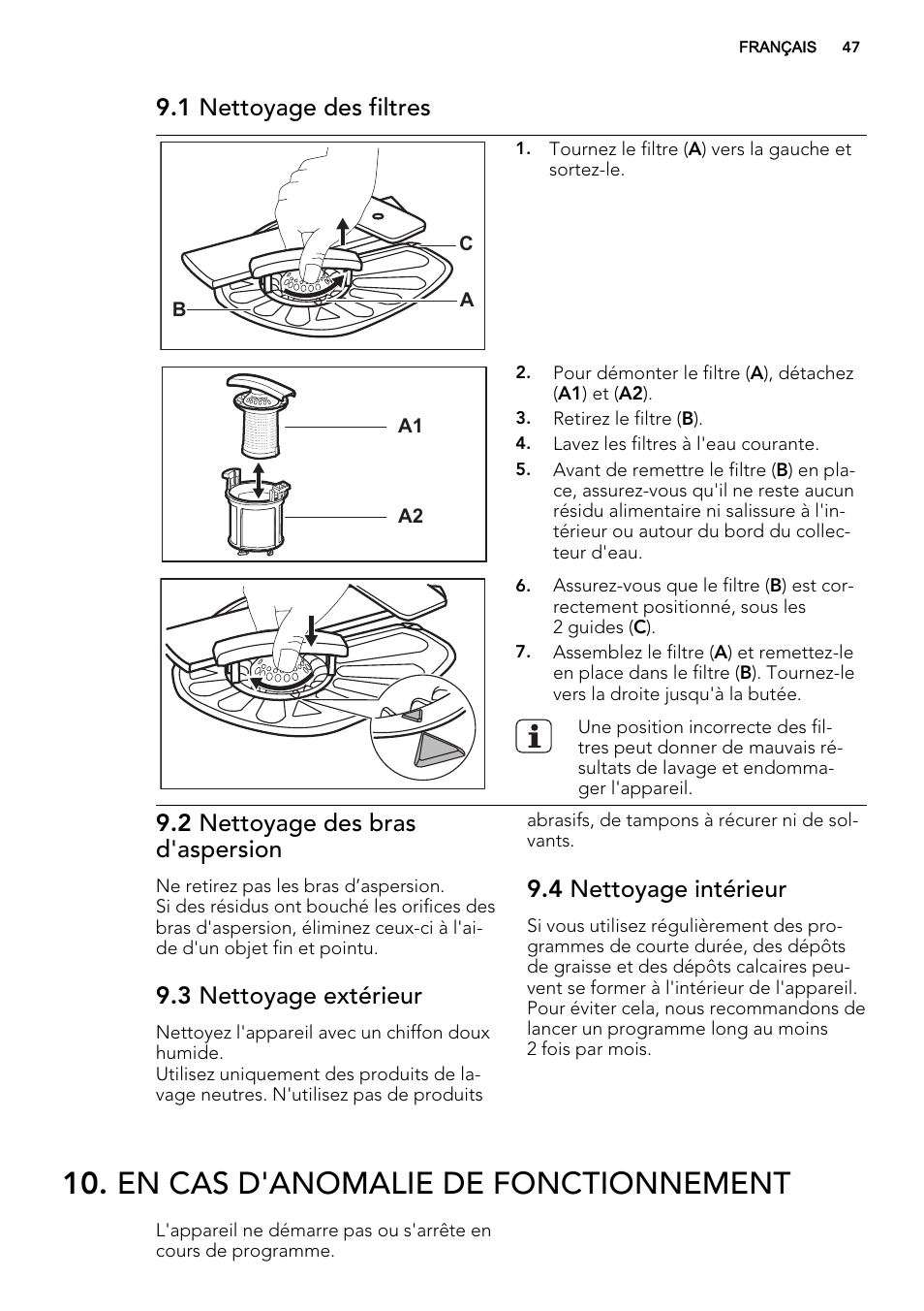 En cas d'anomalie de fonctionnement, 1 nettoyage des filtres, 2 nettoyage des bras d'aspersion | 3 nettoyage extérieur, 4 nettoyage intérieur | AEG F68452IM0P User Manual | Page 47 / 68