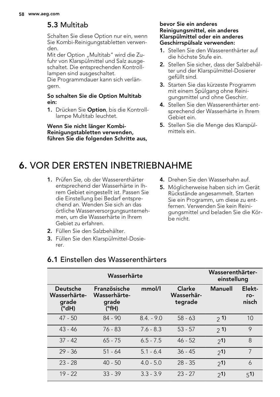 Vor der ersten inbetriebnahme, 3 multitab, 1 einstellen des wasserenthärters | AEG F68452IM0P User Manual | Page 58 / 68