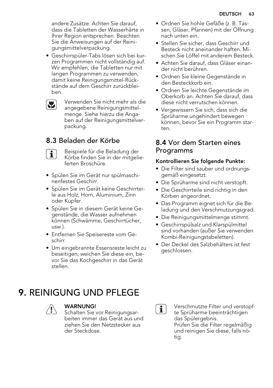 Reinigung und pflege, 3 beladen der körbe, 4 vor dem starten eines programms | AEG F68452IM0P User Manual | Page 63 / 68