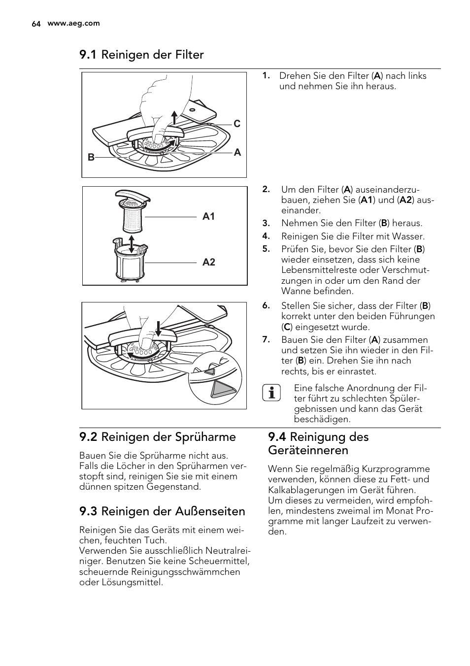 1 reinigen der filter, 2 reinigen der sprüharme, 3 reinigen der außenseiten | 4 reinigung des geräteinneren | AEG F68452IM0P User Manual | Page 64 / 68