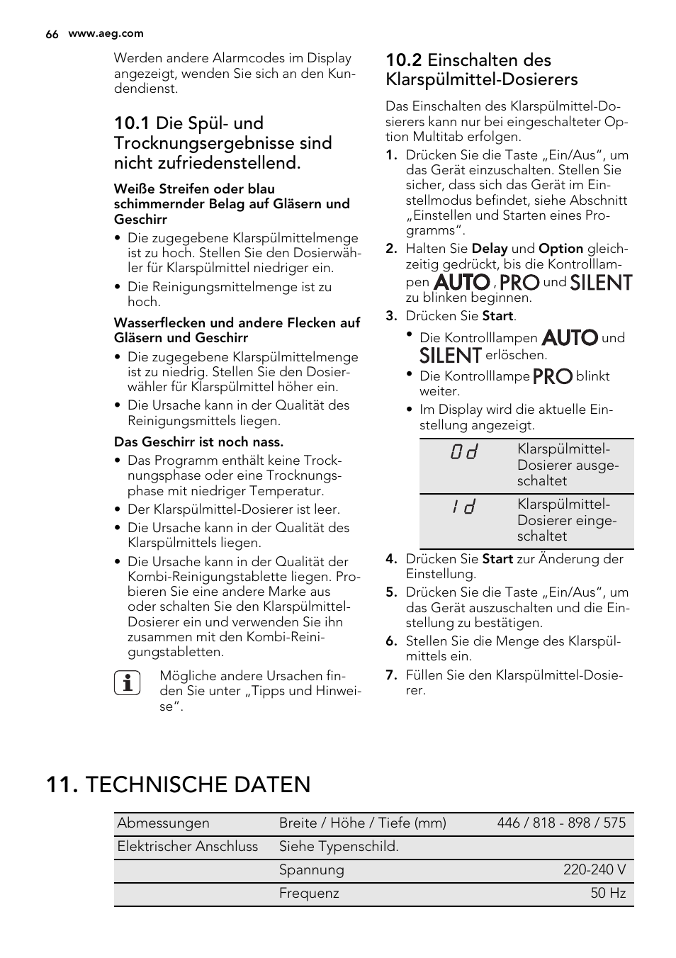 Technische daten, 2 einschalten des klarspülmittel-dosierers | AEG F68452IM0P User Manual | Page 66 / 68