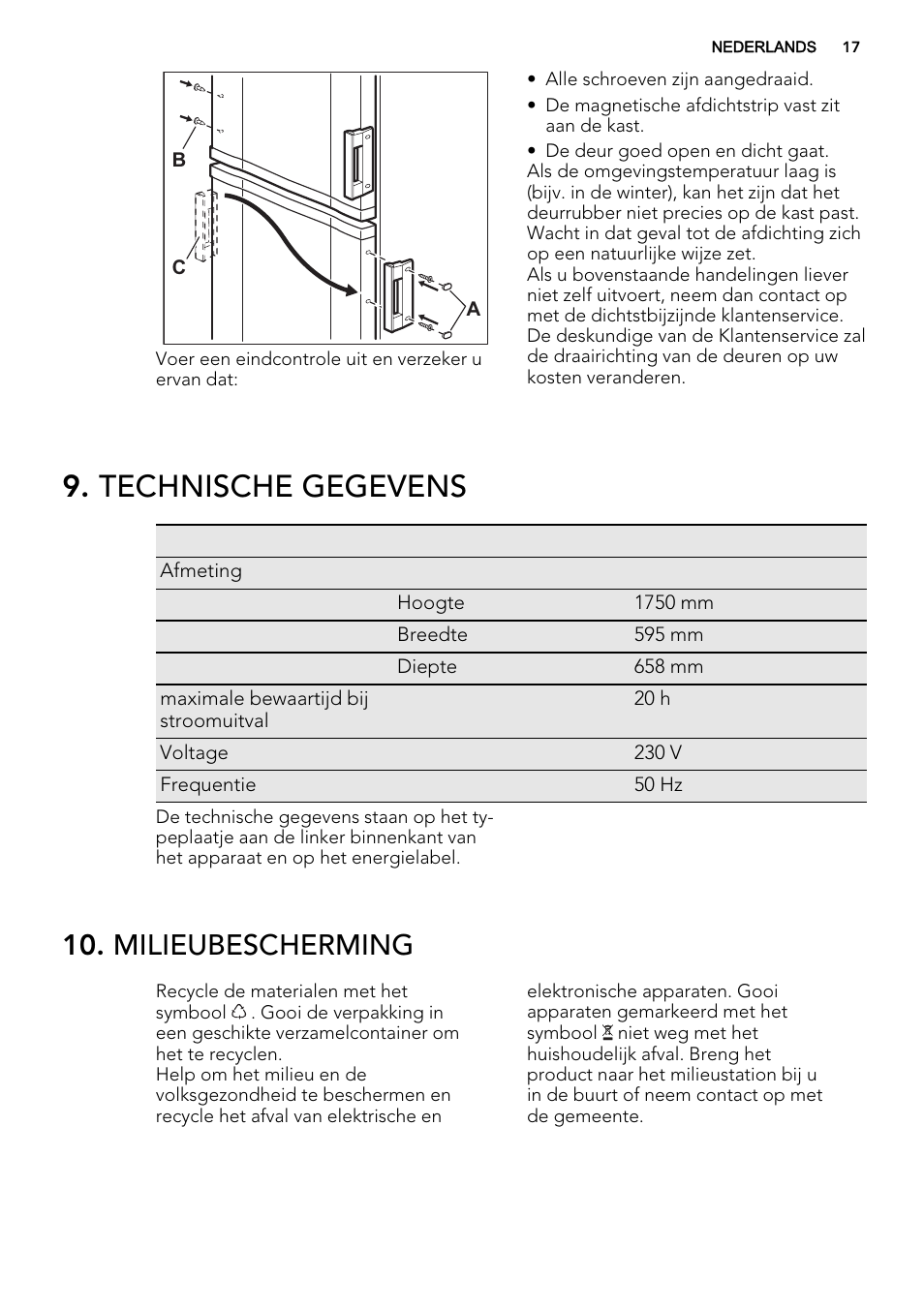 Technische gegevens, Milieubescherming | AEG S53400CSW0 User Manual | Page 17 / 68