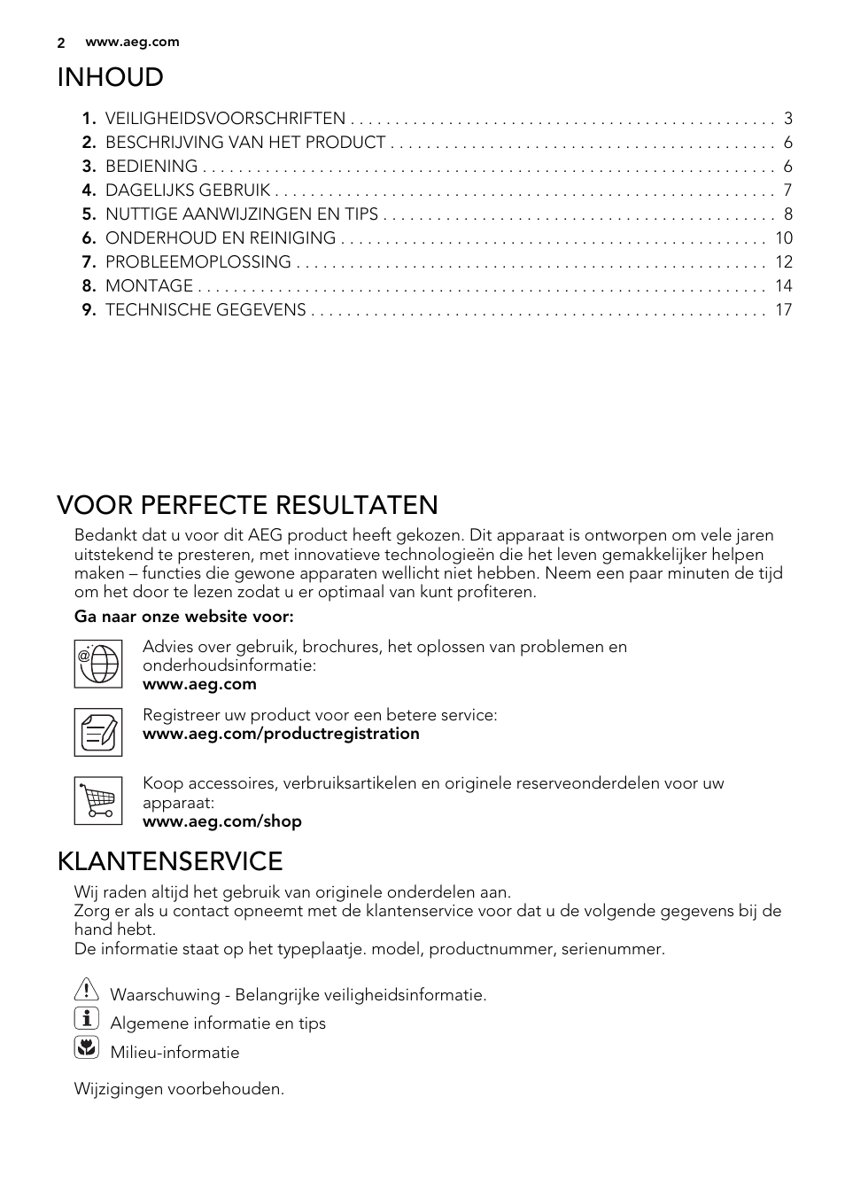 Inhoud, Voor perfecte resultaten, Klantenservice | AEG S53400CSW0 User Manual | Page 2 / 68