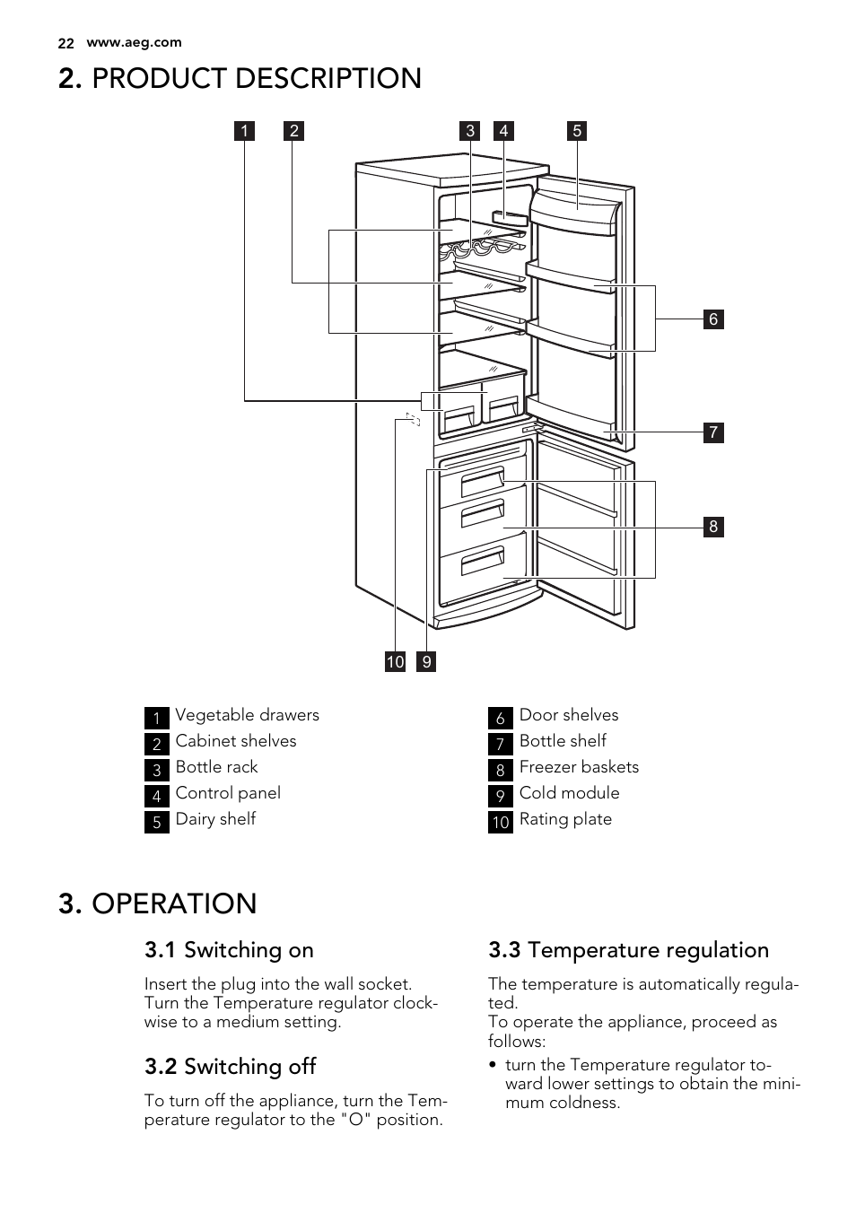 Product description, Operation, 1 switching on | 2 switching off, 3 temperature regulation | AEG S53400CSW0 User Manual | Page 22 / 68