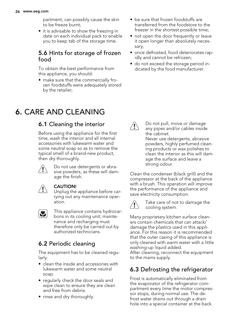 Care and cleaning, 6 hints for storage of frozen food, 1 cleaning the interior | 2 periodic cleaning, 3 defrosting the refrigerator | AEG S53400CSW0 User Manual | Page 26 / 68