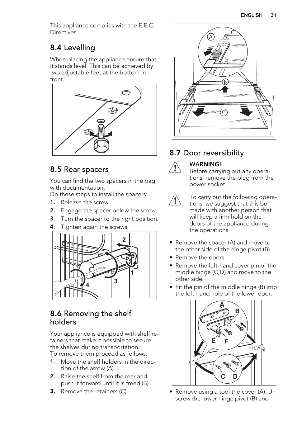 4 levelling, 5 rear spacers, 6 removing the shelf holders | 7 door reversibility | AEG S53400CSW0 User Manual | Page 31 / 68