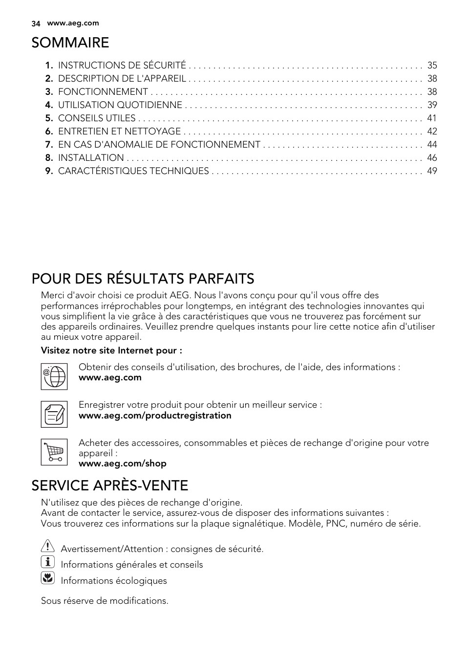 Sommaire, Pour des résultats parfaits, Service après-vente | AEG S53400CSW0 User Manual | Page 34 / 68