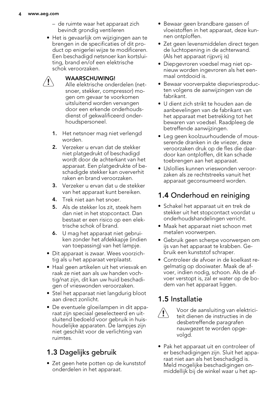 3 dagelijks gebruik, 4 onderhoud en reiniging, 5 installatie | AEG S53400CSW0 User Manual | Page 4 / 68