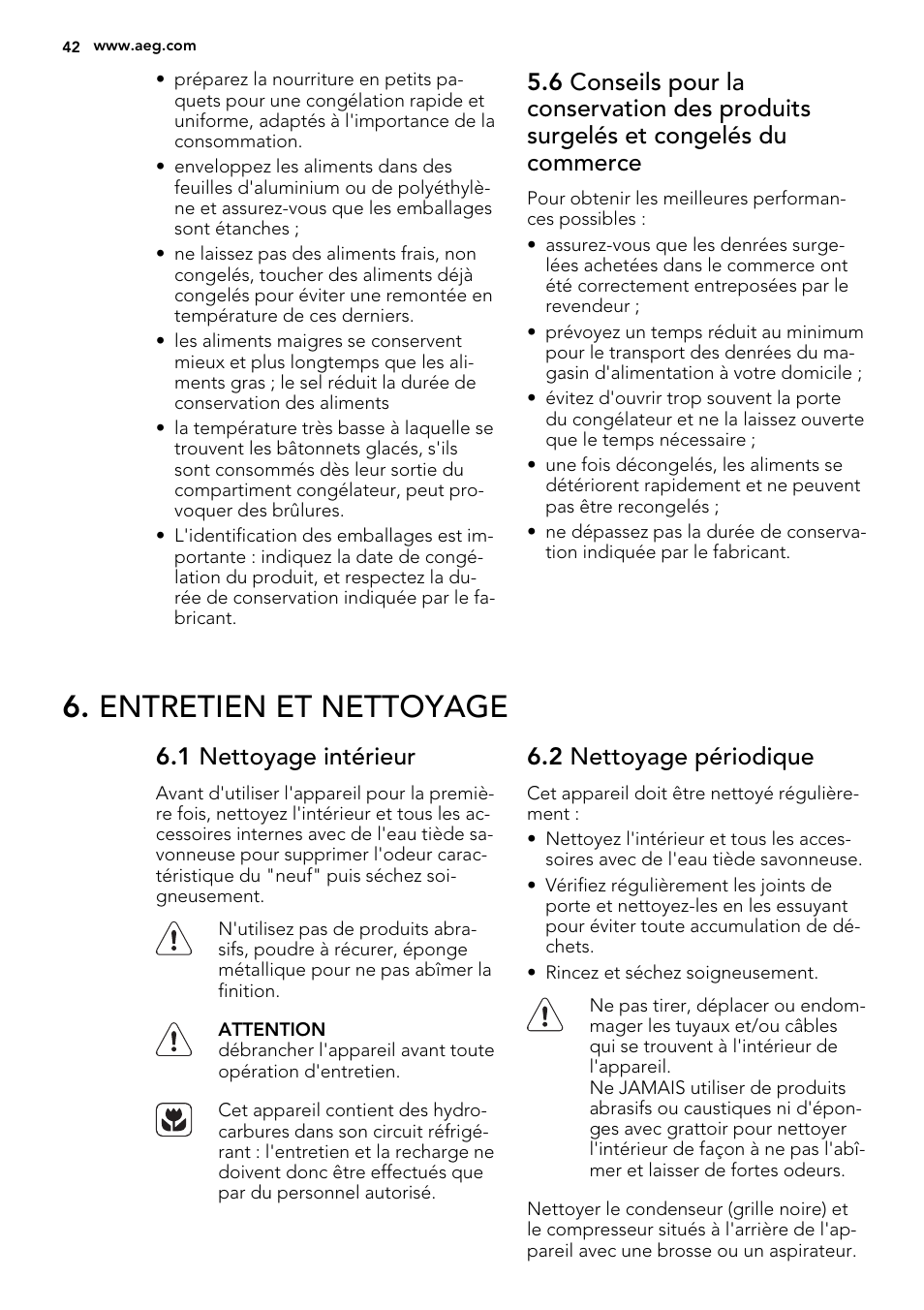 Entretien et nettoyage, 1 nettoyage intérieur, 2 nettoyage périodique | AEG S53400CSW0 User Manual | Page 42 / 68