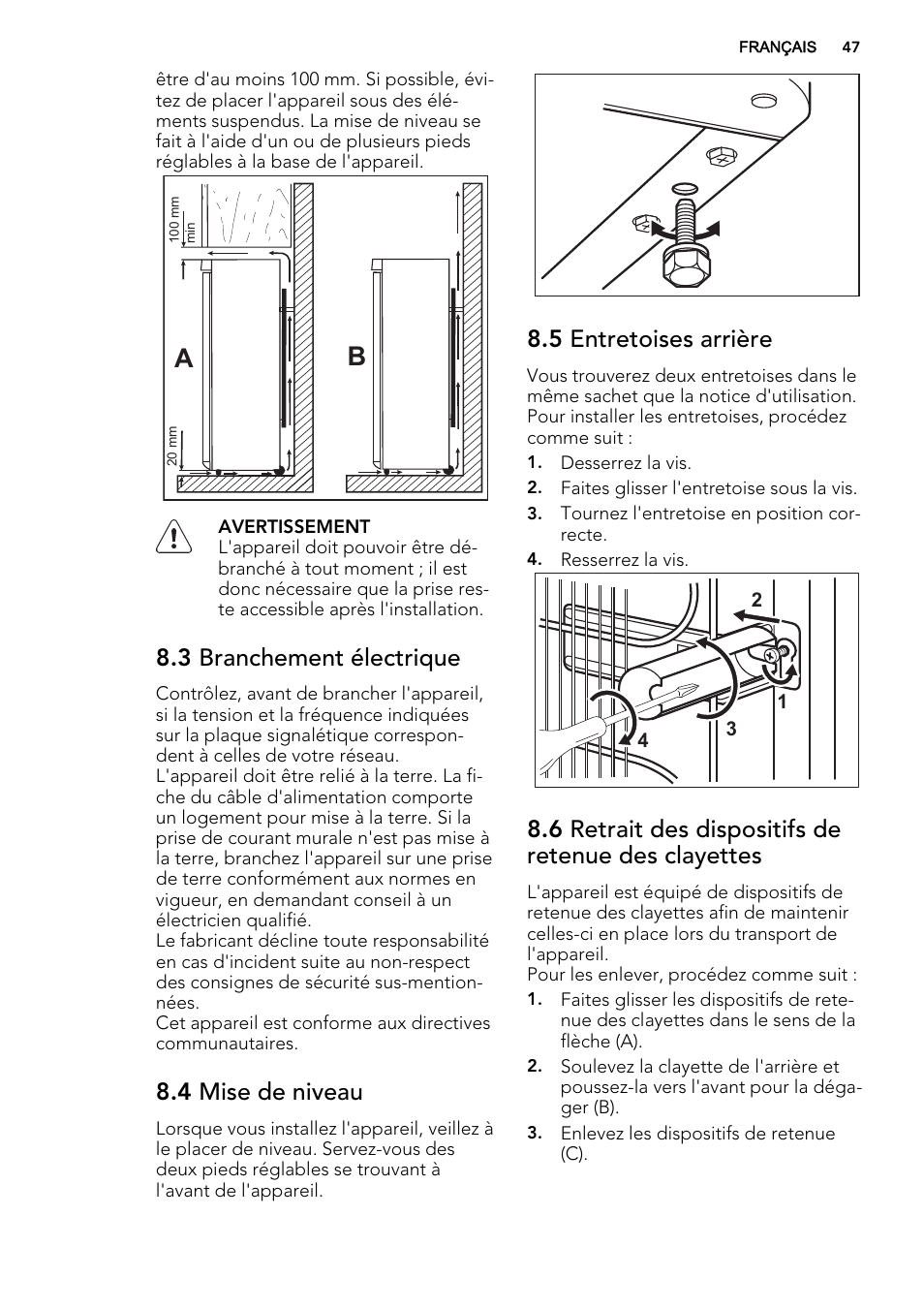 3 branchement électrique, 4 mise de niveau, 5 entretoises arrière | 6 retrait des dispositifs de retenue des clayettes | AEG S53400CSW0 User Manual | Page 47 / 68