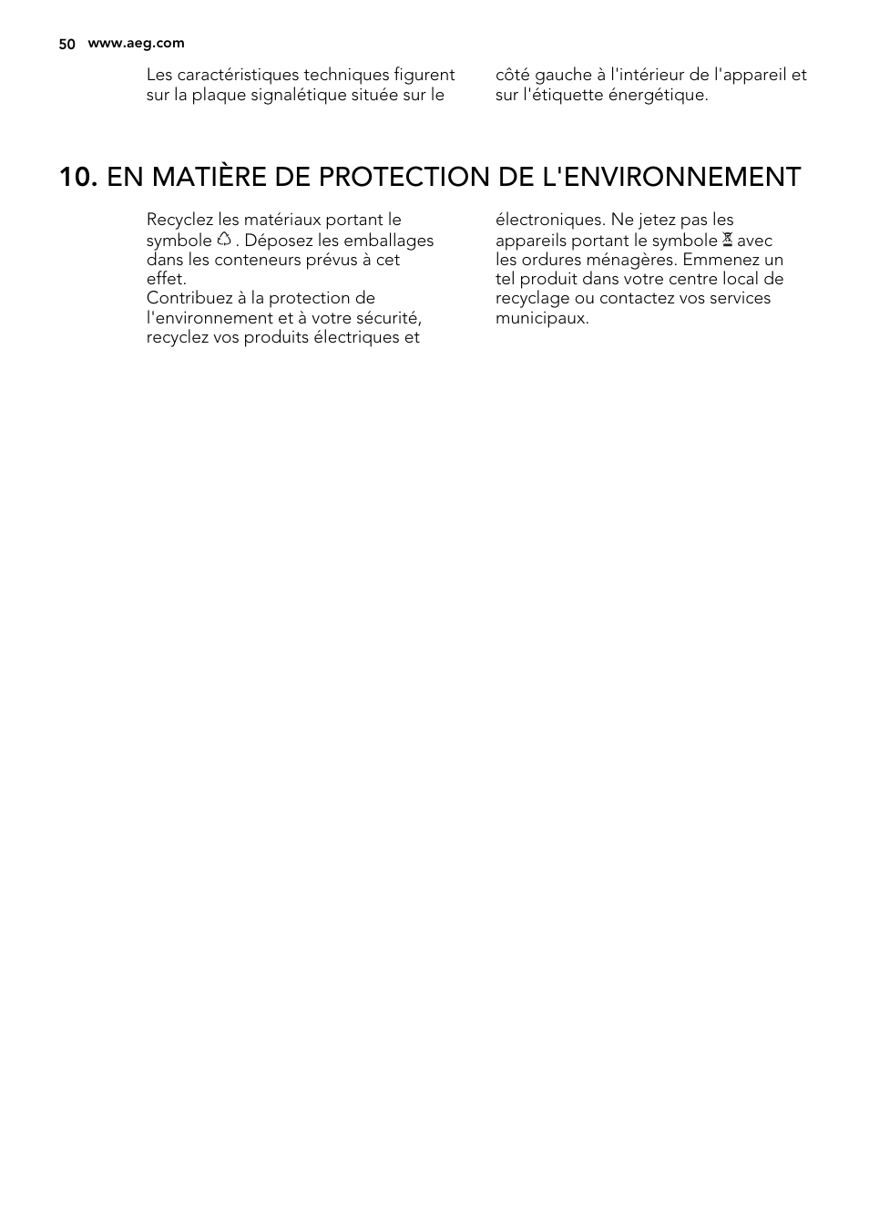 En matière de protection de l'environnement | AEG S53400CSW0 User Manual | Page 50 / 68