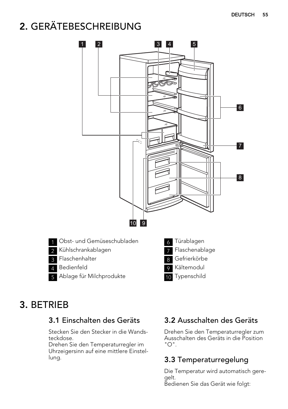 Gerätebeschreibung, Betrieb, 1 einschalten des geräts | 2 ausschalten des geräts, 3 temperaturregelung | AEG S53400CSW0 User Manual | Page 55 / 68