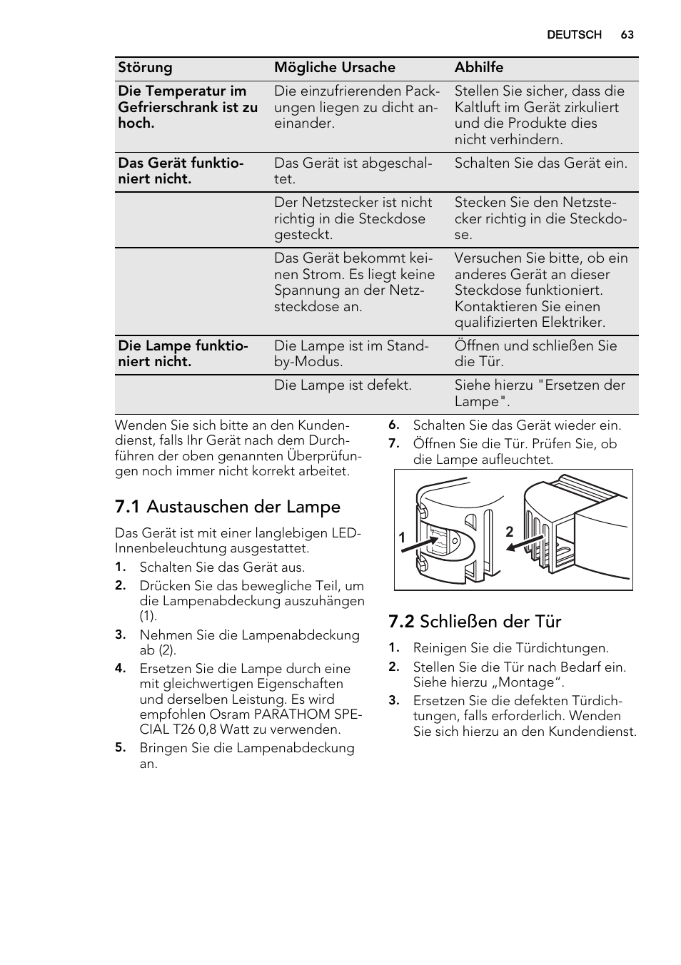 1 austauschen der lampe, 2 schließen der tür | AEG S53400CSW0 User Manual | Page 63 / 68