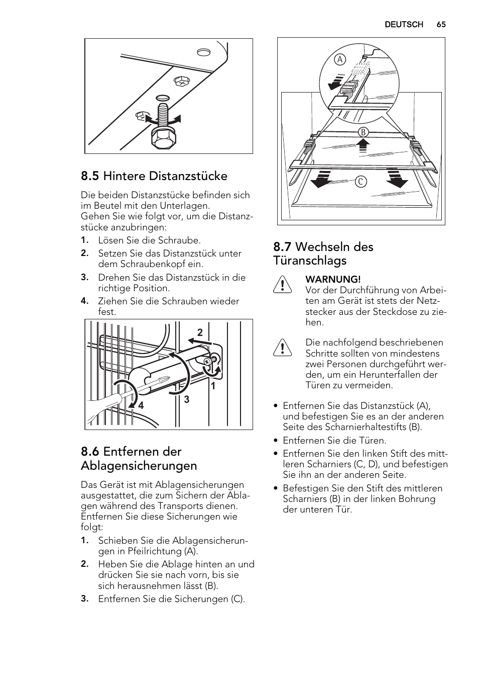 5 hintere distanzstücke, 6 entfernen der ablagensicherungen, 7 wechseln des türanschlags | AEG S53400CSW0 User Manual | Page 65 / 68