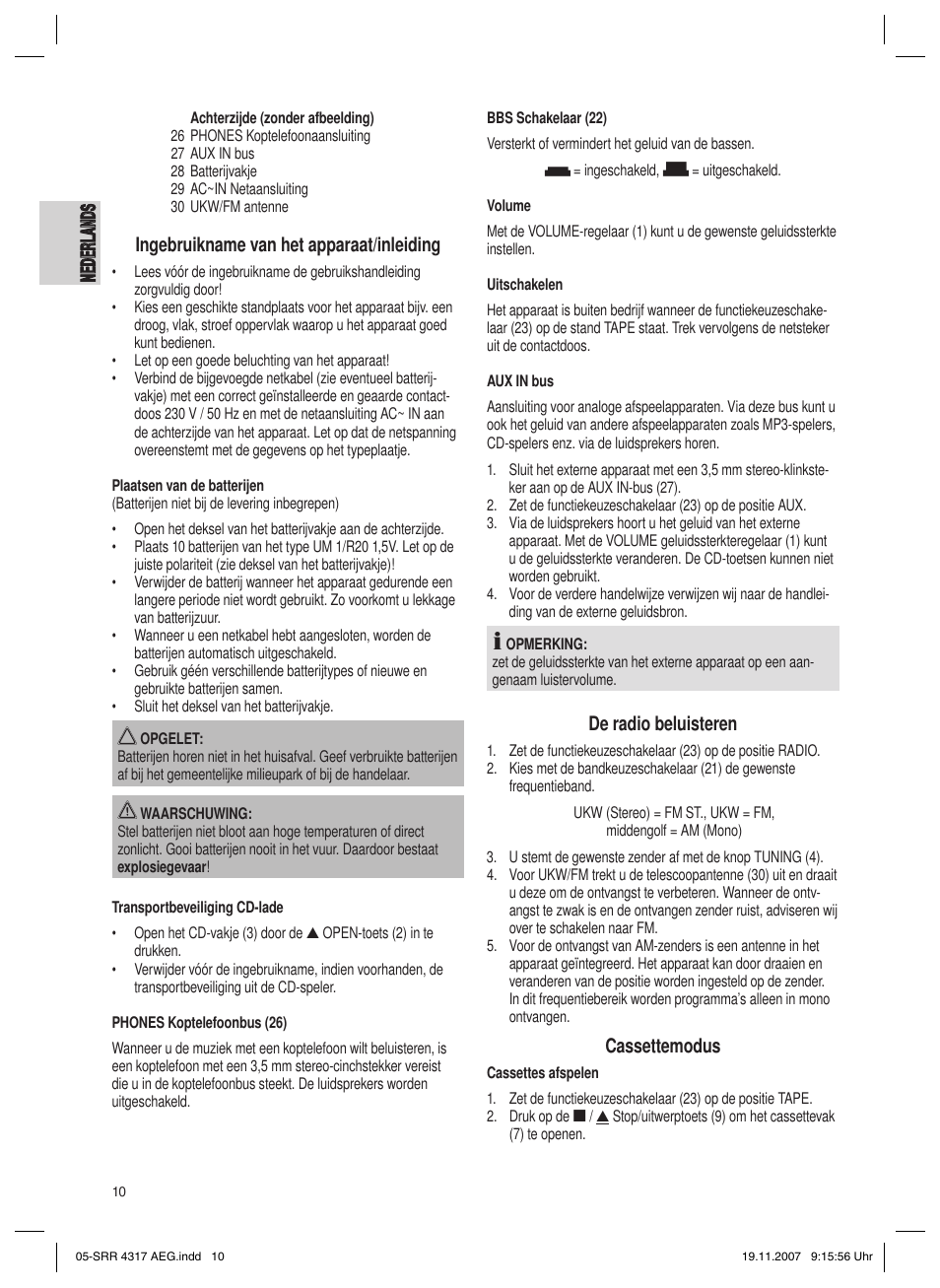 Ne de rl an ds nederl ands, Ingebruikname van het apparaat/inleiding, De radio beluisteren | Cassettemodus | AEG SRR 4317 User Manual | Page 10 / 66