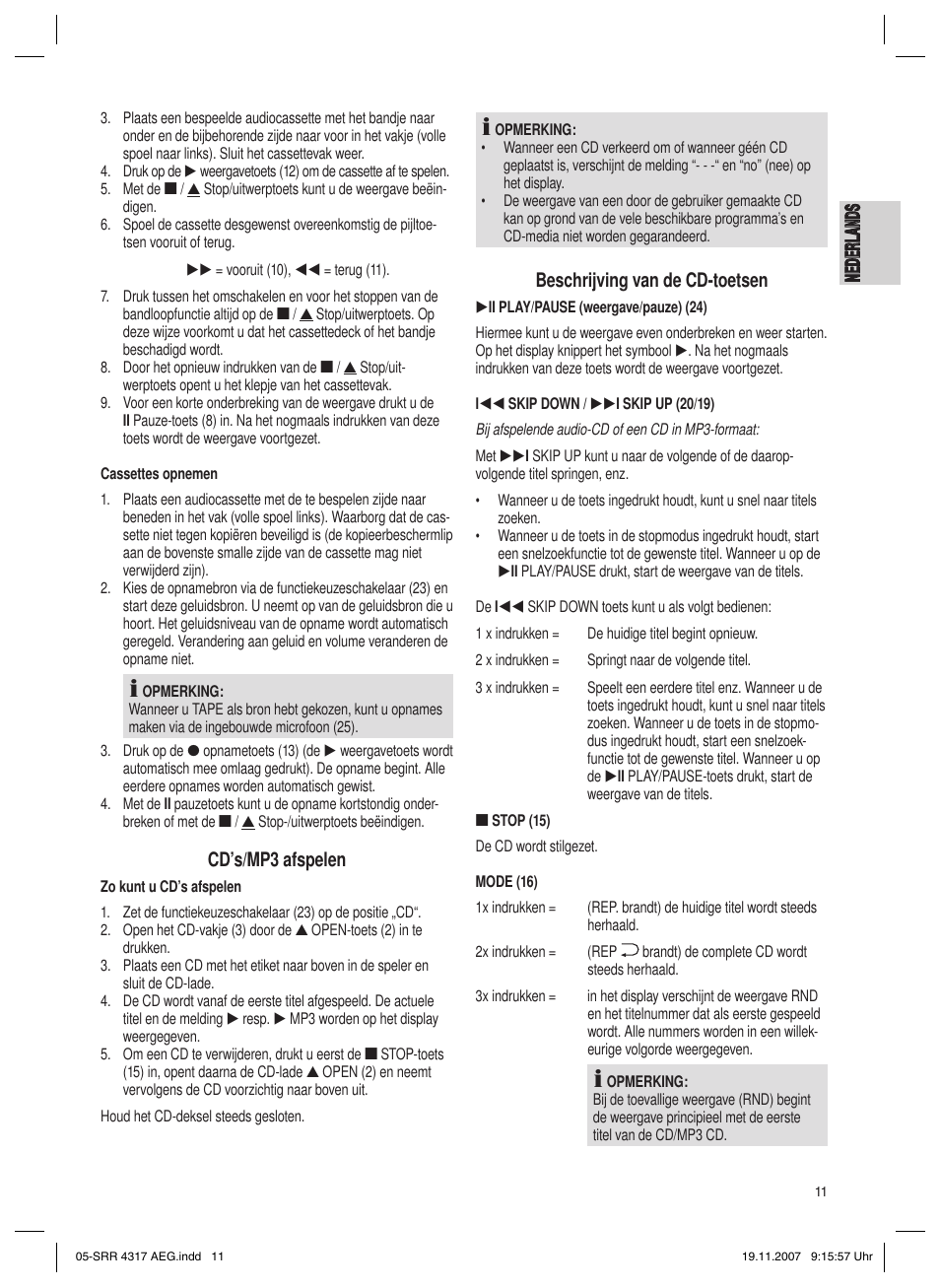 Ne de rl an ds nederl ands, Cd’s/mp3 afspelen, Beschrijving van de cd-toetsen | AEG SRR 4317 User Manual | Page 11 / 66