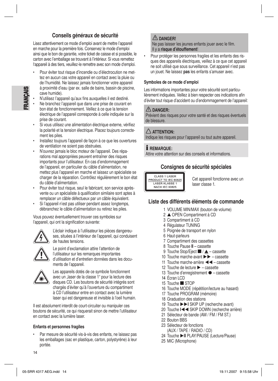 Consignes de sécurité spéciales, Liste des différents éléments de commande | AEG SRR 4317 User Manual | Page 14 / 66