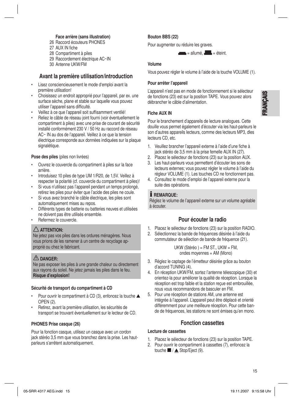 Avant la première utilisation/introduction, Pour écouter la radio, Fonction cassettes | AEG SRR 4317 User Manual | Page 15 / 66