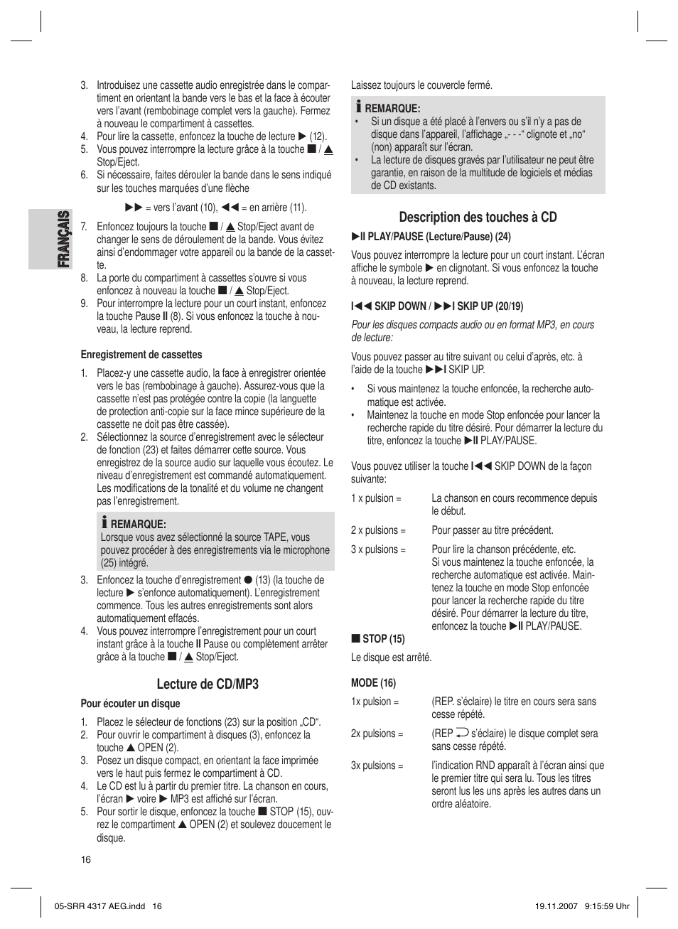 Lecture de cd/mp3, Description des touches à cd | AEG SRR 4317 User Manual | Page 16 / 66