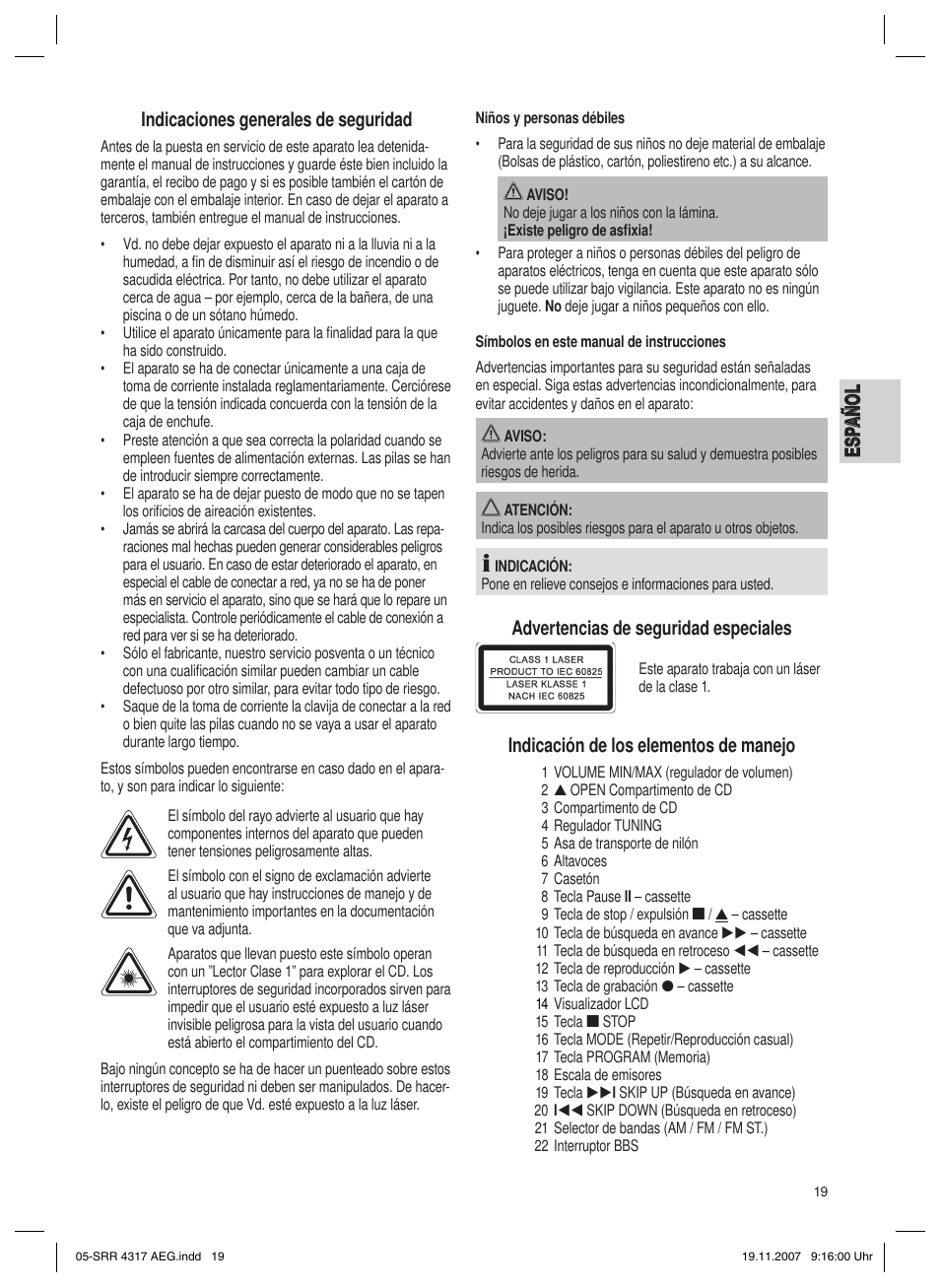 Advertencias de seguridad especiales, Indicación de los elementos de manejo | AEG SRR 4317 User Manual | Page 19 / 66