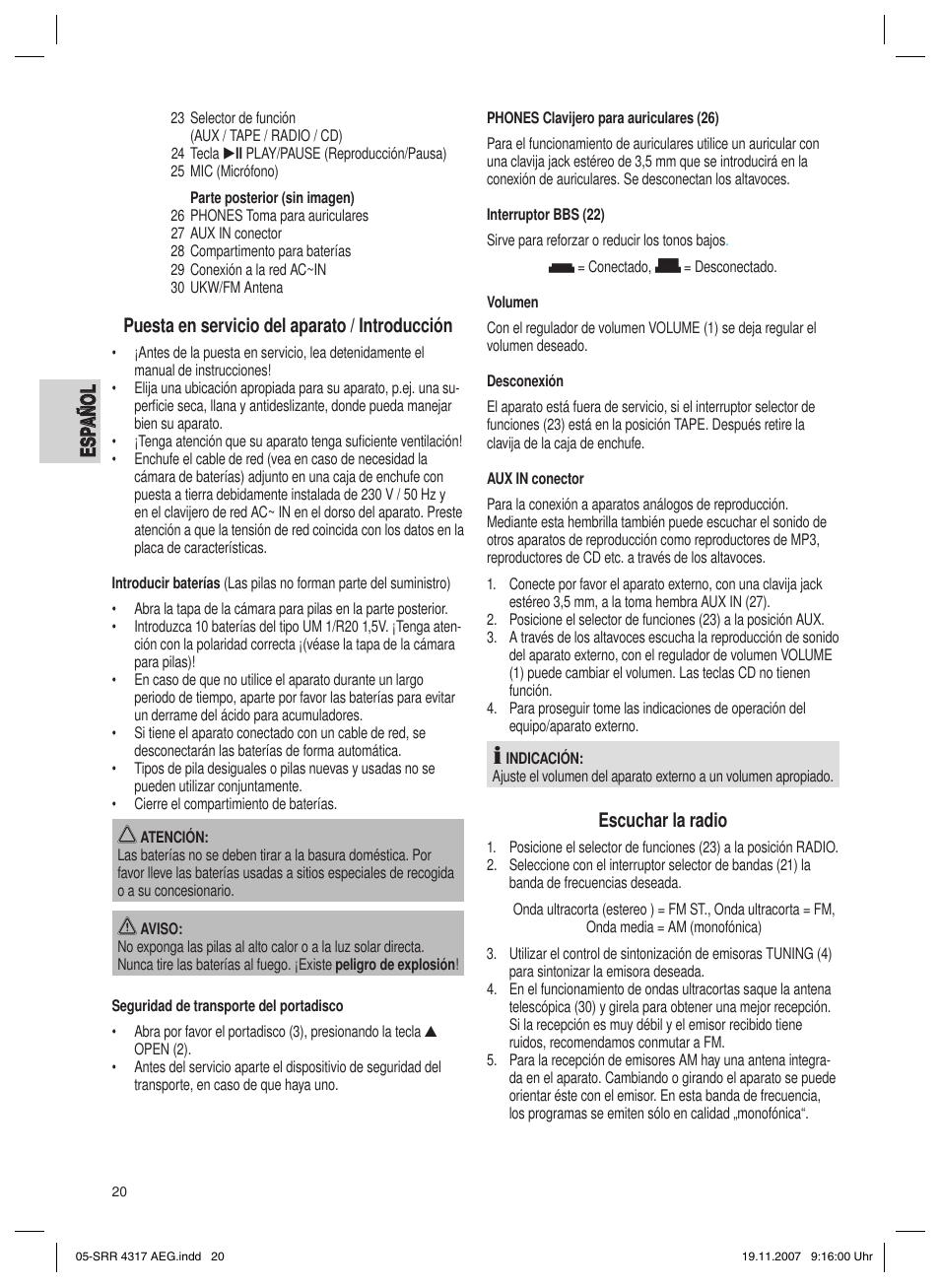 Puesta en servicio del aparato / introducción, Escuchar la radio | AEG SRR 4317 User Manual | Page 20 / 66