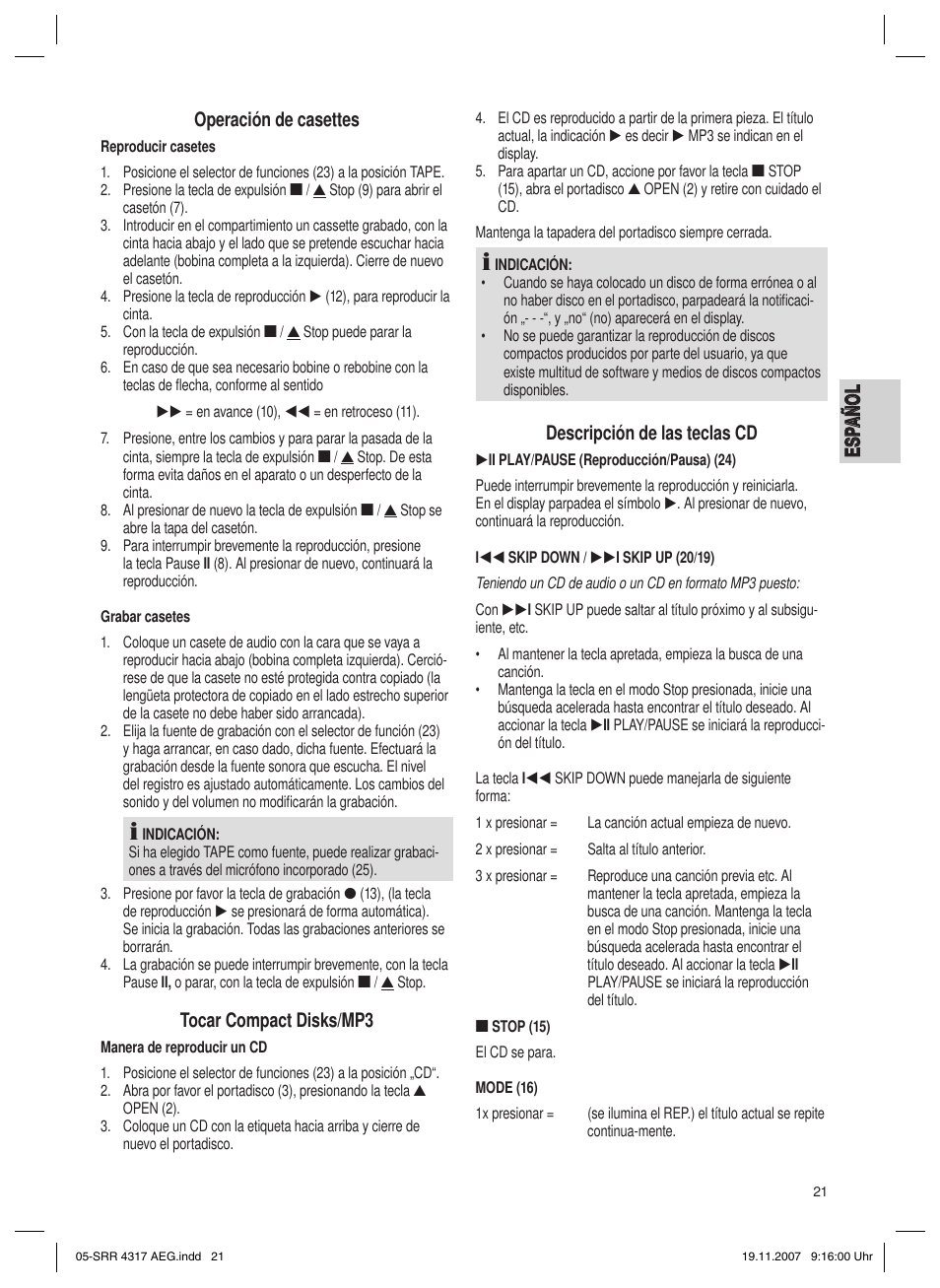 Tocar compact disks/mp3, Descripción de las teclas cd | AEG SRR 4317 User Manual | Page 21 / 66