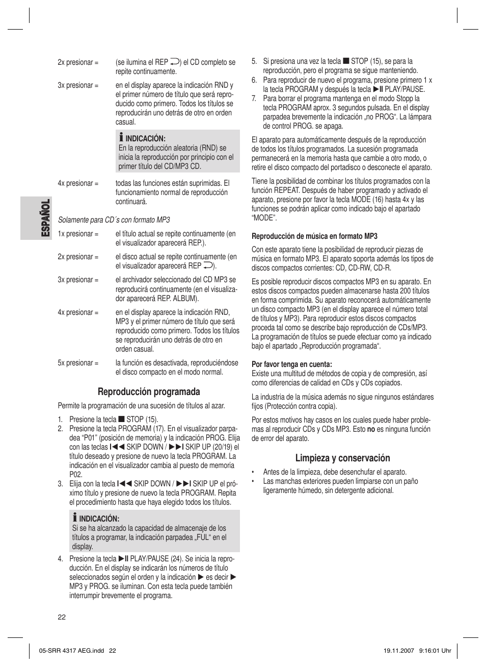 Reproducción programada, Limpieza y conservación | AEG SRR 4317 User Manual | Page 22 / 66