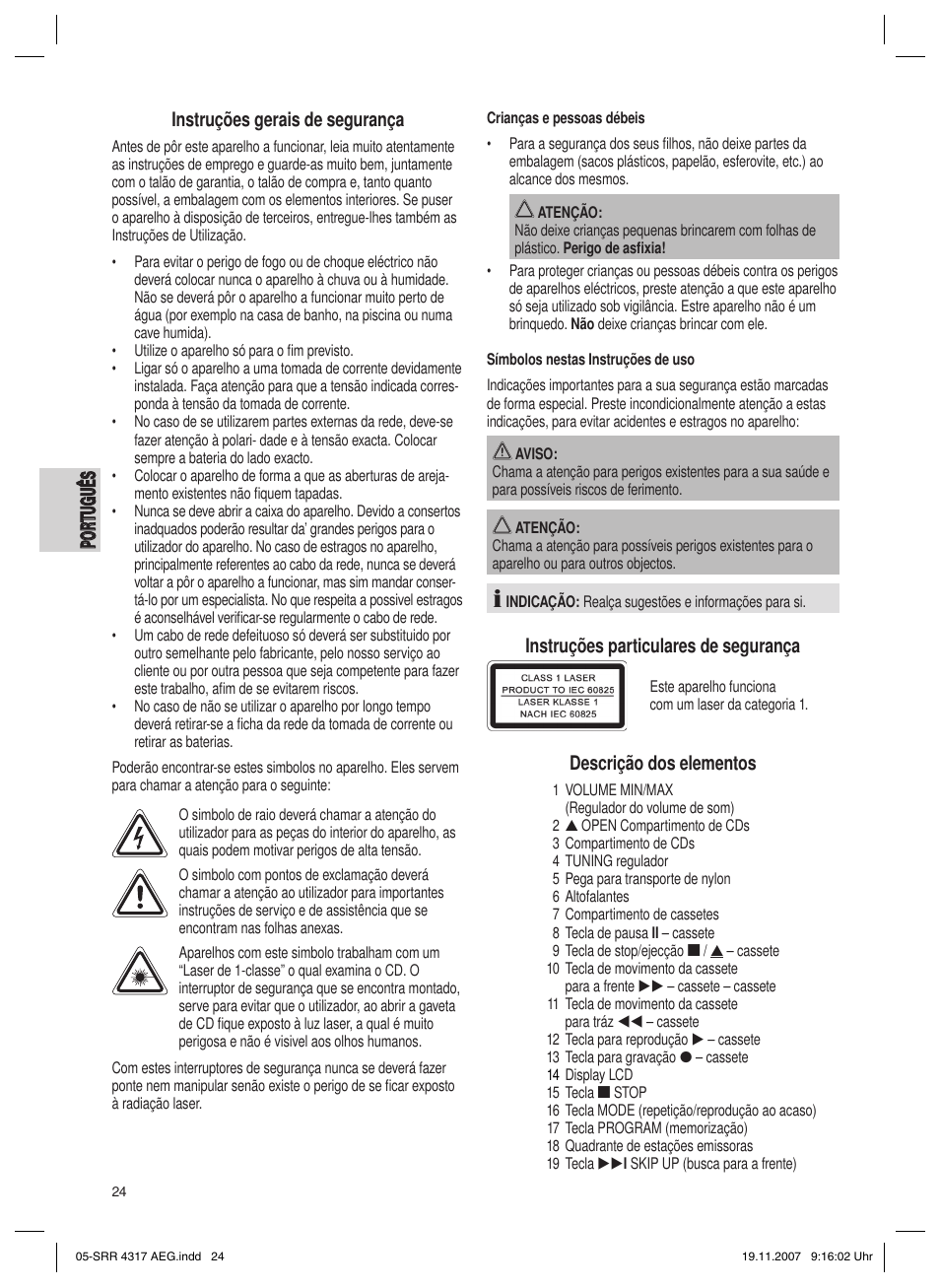 Instruções particulares de segurança, Descrição dos elementos | AEG SRR 4317 User Manual | Page 24 / 66