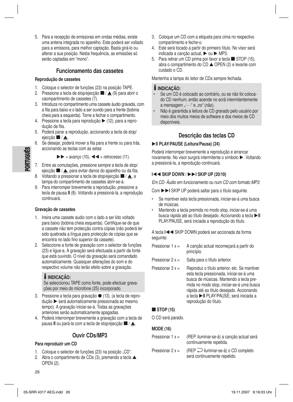 Po rt ug uê s português, Funcionamento das cassetes, Ouvir cds/mp3 | Descrição das teclas cd | AEG SRR 4317 User Manual | Page 26 / 66