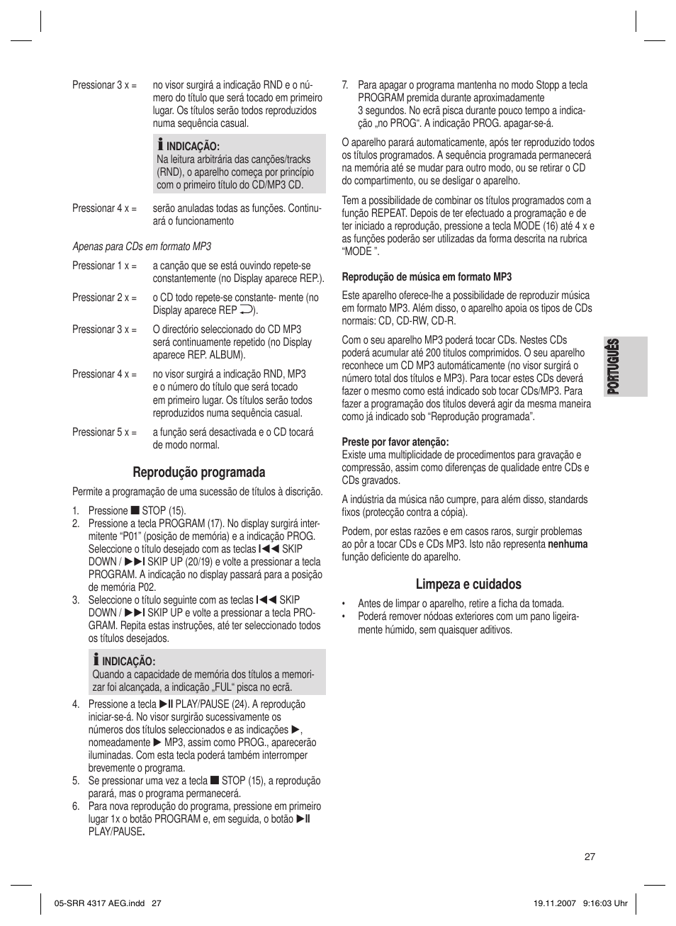 Po rt ug uê s português, Reprodução programada, Limpeza e cuidados | AEG SRR 4317 User Manual | Page 27 / 66