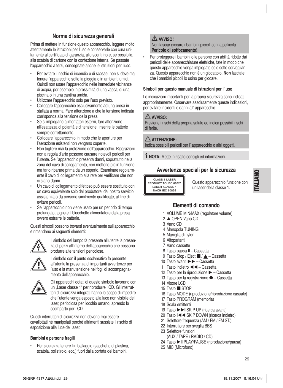 Avvertenze speciali per la sicurezza, Elementi di comando | AEG SRR 4317 User Manual | Page 29 / 66