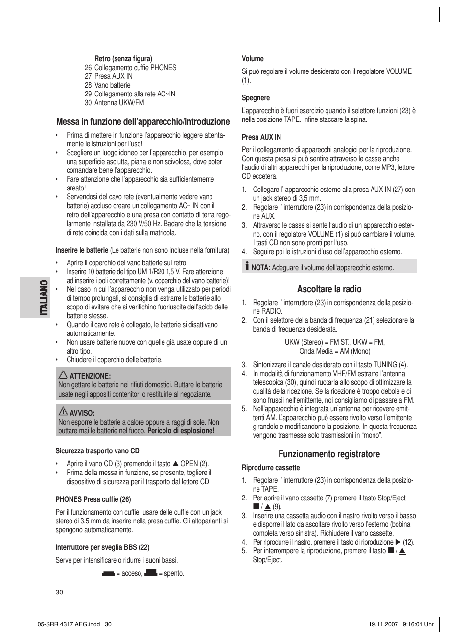 It a l ia n o it alian o, Messa in funzione dell’apparecchio/introduzione, Ascoltare la radio | Funzionamento registratore | AEG SRR 4317 User Manual | Page 30 / 66