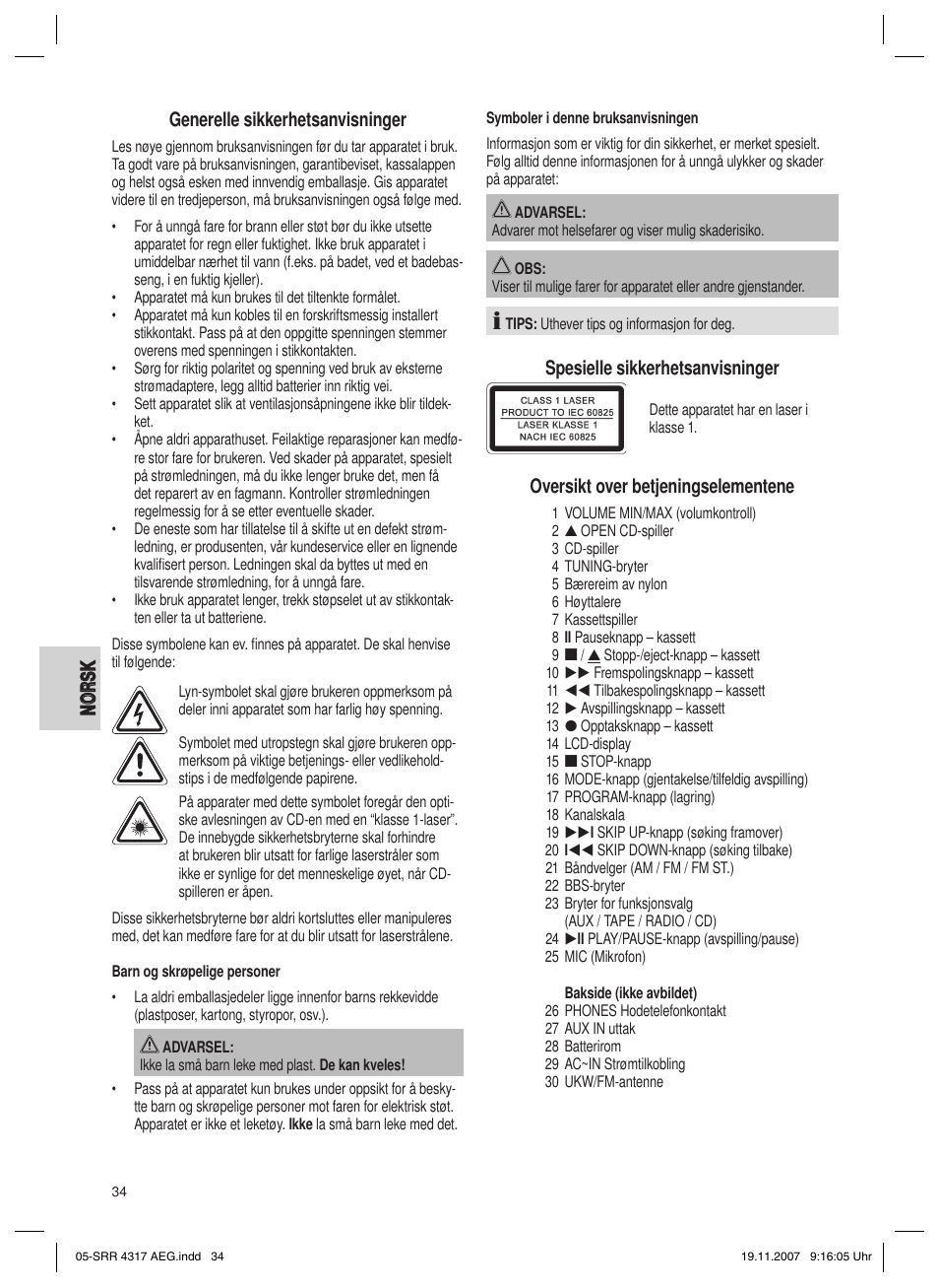 Spesielle sikkerhetsanvisninger, Oversikt over betjeningselementene | AEG SRR 4317 User Manual | Page 34 / 66