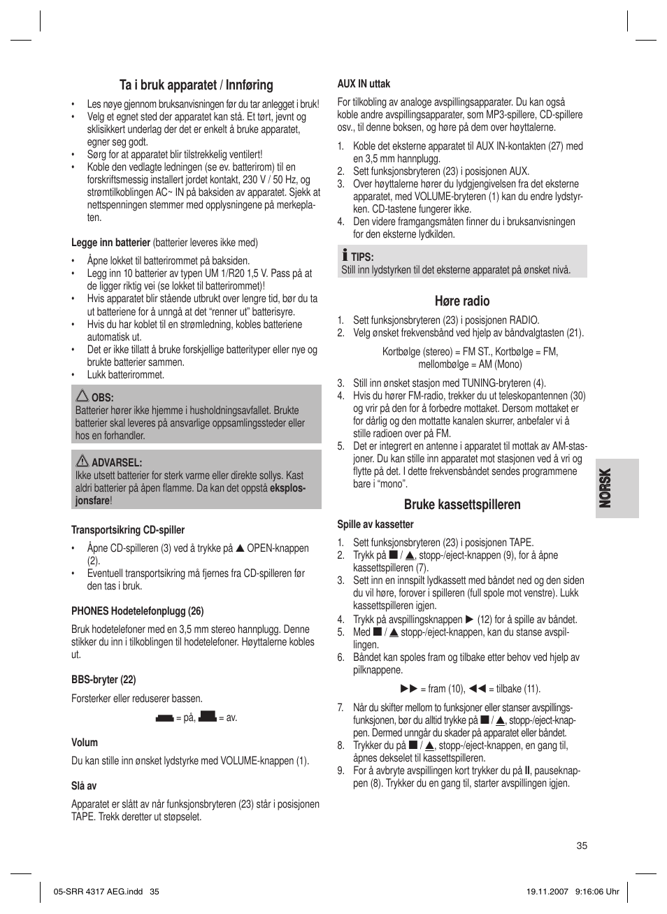 Høre radio, Bruke kassettspilleren | AEG SRR 4317 User Manual | Page 35 / 66