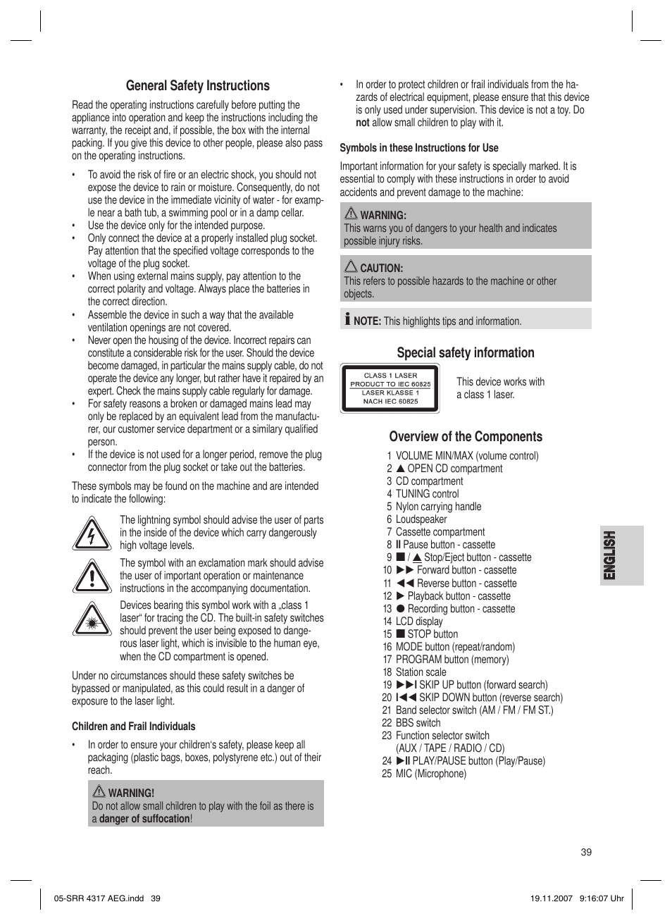 En g l is h english, General safety instructions, Special safety information | Overview of the components | AEG SRR 4317 User Manual | Page 39 / 66
