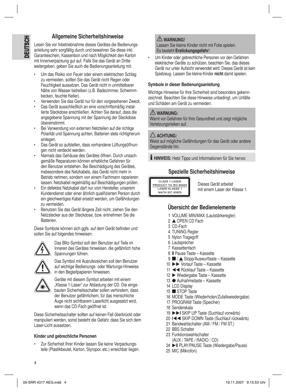 Spezielle sicherheitshinweise, Übersicht der bedienelemente | AEG SRR 4317 User Manual | Page 4 / 66