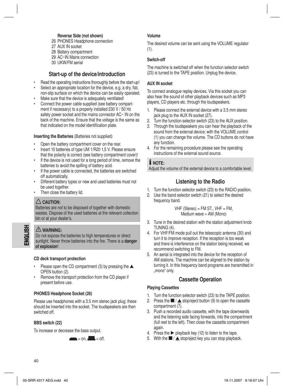 En g l is h english, Start-up of the device/introduction, Listening to the radio | Cassette operation | AEG SRR 4317 User Manual | Page 40 / 66